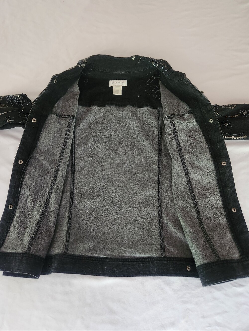 Susan Bristol Black Denim Jacket w Floral Paisley Beaded Sequins - Picture 7 of 16